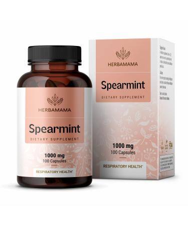 HERBAMAMA Spearmint 100 Capsules - 1000 mg - Organic Mentha Spicata Dietary Daily Supplement - Natural Support for Digestive, Heart & Respiratory Function - for Stress Relief - Vegan, Non-GMO