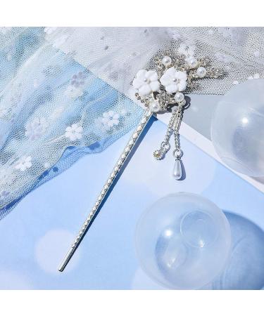 Rhinestone Pearl Flower Hair Stick Set - Vintage Chinese Hair Chopsticks with Tassel - Hair Styling Accessories for Women (Silver) - Buy Online on GoSupps.com