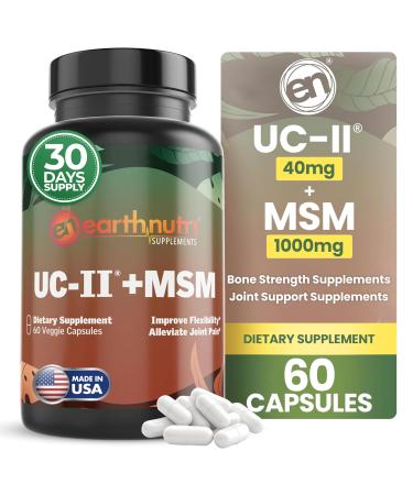 EarthNutri UC-II Collagen & MSM Supplement for Bone Health and Joint Flexibility Joint Supplement - 40mg UC-II Providing 10mg Total Collagen & 1000mg MSM - 60 Capsules (2 Caps Daily)