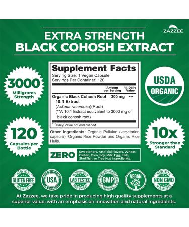 Zazzee USDA Organic Black Cohosh 10:1 Extract 3000 mg Strength 120 Vegan Capsules 4 Month Supply Standardized and Concentrated 10X Extract 100% Vegetarian All-Natural Non-GMO Made in The USA - Buy Online on GoSupps.com