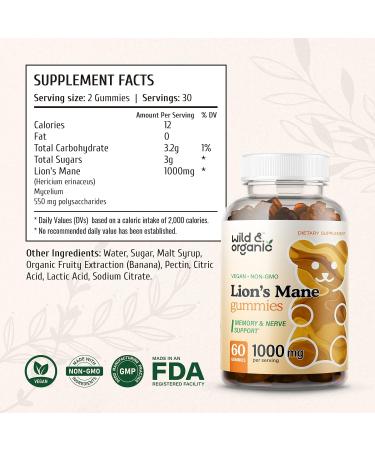 Organic Lion's Mane Gummies - Vegan Hericium Erinaceus Supplement - Brain & Cognitive Health Support - 60 Count - Buy Online on GoSupps.com