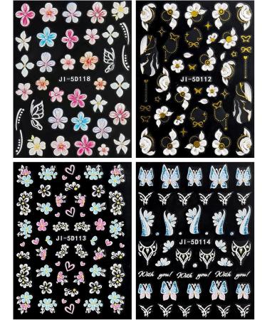 JMEOWIO 3D Embossed Flower Nail Art Stickers Decals Self-Adhesive 5D Spring Summer Floral Petal Colorful Nail Supplies Nail Art Design Decoration Accessories 4 Sheets - Buy Online on GoSupps.com