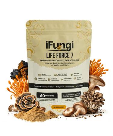 iFungi Life Force 7 Mushroom Blend | 7 Premium Fruiting-Body Extracts 12:1 Concentration | Organic Hardwood-Grown | 1g Daily Serving for Focus Immunity Energy & Healthy Aging (60 g (Pack of 1))