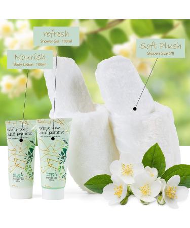 White Rose Jasmine Home Spa Slippers Set - Luxury Bath & Body Gift Basket for Women - Includes Body Lotion, Shower Gel, Plush Slippers - Perfect Holiday Gift - Buy Online on GoSupps.com
