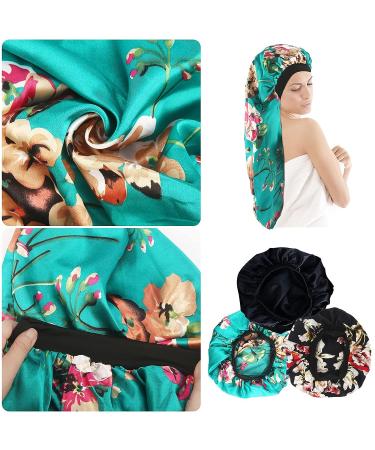 2Pcs XL Satin Bonnet Set for Sleeping | Soft & Comfortable Hair Bonnets for Women | Black+Indigo Pattern - Buy Online on GoSupps.com