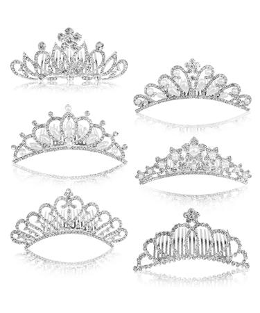 Lyellfe 6 Pack Girls Tiara Crown Silver Crystal Tiaras and Crowns with Comb Elegant Princess Queen Rhinestone Headband Hair Accessories for Birthday Party Proms Gifts