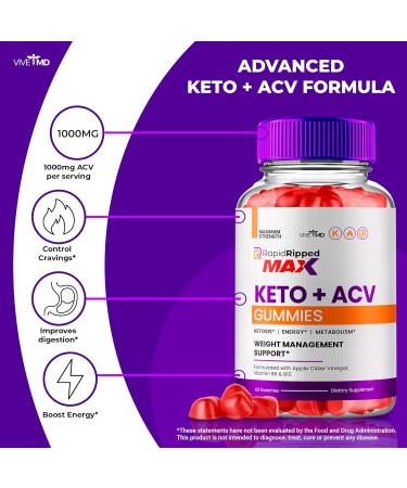 Rapid Ripped Max Keto ACV Gummies - 1000MG Extra Strength All Natural Apple Cider Vinegar & Vitamin B12 - 2 Pack Reviews - Buy Online on GoSupps.com