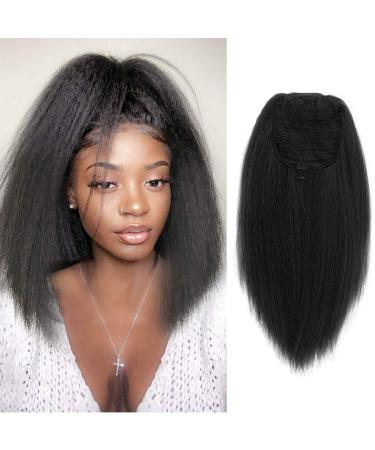 Allyreetress Yaki Drawstring Ponytail Extension for Black Women Highlight Kinky Staight Up Down Pony Tail Synthetic Hair Extensions 16 Inches 2 Clip in (1B Black) 16 inches 1B#
