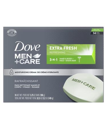 Dove Men+Care Bar 3 in 1 Cleanser for Body, Face, and Shaving to Clean and Hydrate Skin Extra Fresh Body and Facial Cleanser More Moisturizing Than Bar Soap 3.75 oz 14 Bars