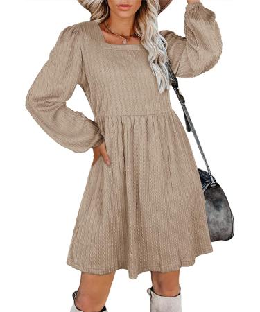 Aokosor Long Sleeve Knit Dress | Square Neck Jumper Dress | Knee Length Babydoll - Apricot - Buy Online on GoSupps.com