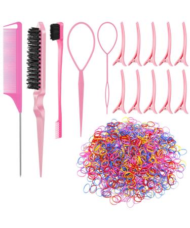 JOELELI 1000pcs Mini Hair Rubber Bands with Topsy Tail Hair Tools  Elastic Rubber Bands  10pcs Hair Clips  3pcs Hair Brush  2pcs Topsy Tail Hair Tool  Hair Styling Braiding Accessories for Kids Women