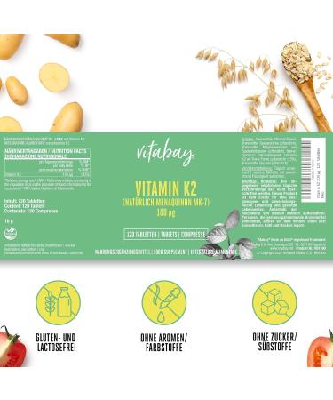 Vitabay Vitamin K2 100 g - High Dose Vegan MK7 Tablets - 120 All-Trans Menaquinone-7 for Optimal Health - Laboratory Tested - Buy Online on GoSupps.com