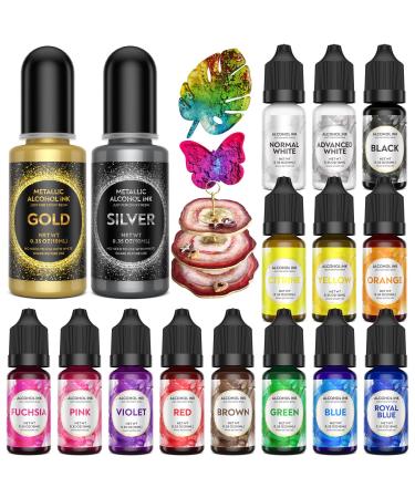 Alcohol Ink Gemstones Set- Wayin 16 Vibrant High Concentrated Alcohol-Based Ink Resin Dye with Metallic Extreme Shimmer Gold Silver Color for Resin Petri Dish Tumbler Cups Making Coaster Yupo Painting 16 Colors Alcohol Ink Gemstones Set