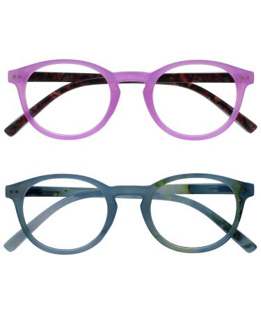 OPULIZE Zen Reading Glasses 2 Pack Cool Round Frame Spring Hinges Scratch Resistant Shiny Pink Turquoise Mens Womens RR24-4Q +2.50