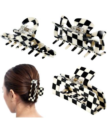 3 Piece Checkered Hair Claw Clips Black and White Hair Clips Lattice Hair Barrettes Pin Teeth Clamp Jumbo Big Jaw Clip for Women Girl Fine Thick Thin Curly Straight Long Hair (Basic Style)