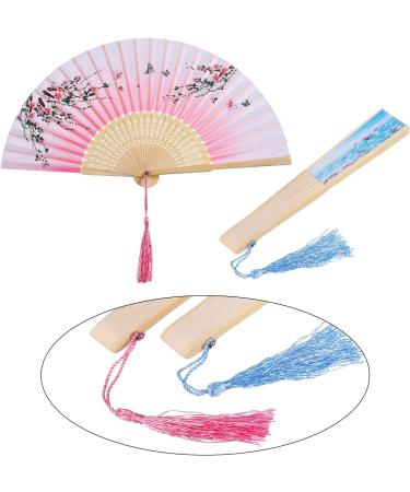 2 Pieces Folding Fans Handheld Fans Bamboo Fans with Tassel Women's Hollowed Bamboo Hand Holding Fans for Wall Decoration Gifts (Pink Peach Blossom and Blue Cherry Pattern) Blue Pink - Buy Online on GoSupps.com