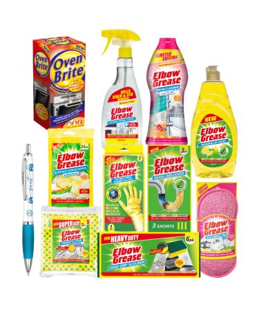 Kitchen Cleaner Bundle | 16pc Elbow Grease & Oven Brite Cleaning Products Set | Cleaning Wipes Drain Unblocker Oven Cleaner Cream Cleaner Antibacterial Spray and more Including Sinta Gifts Pen