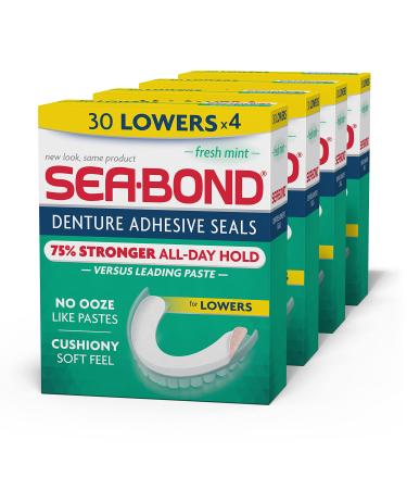 Sea-Bond Secure Denture Adhesive Seals, Fresh Mint Lowers, Zinc Free, All Day Hold, Mess Free, 30 Count (Pack of 4) Pack of 4 Lowers