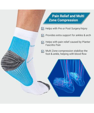 360 RELIEF Compression Ankle Socks - Sprained Ankle Supports for Plantar Fasciitis, Foot Swelling, Heel Spurs, Pregnancy - L/XL White/Blue + Mesh Laundry Bag - Buy Online on GoSupps.com