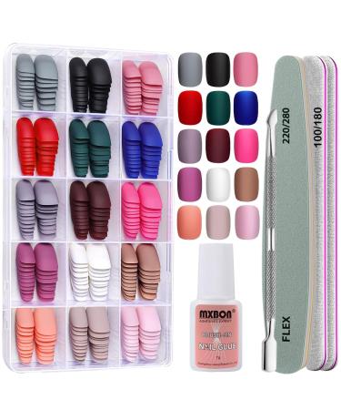 DMQ Matte Press on Nails Short Coloured False Nails with Glue and Nail Files Durable Stick on Nails Short with Cuticle Pusher for Women Girls Square Fake Nails French for Nail Art (Matte)