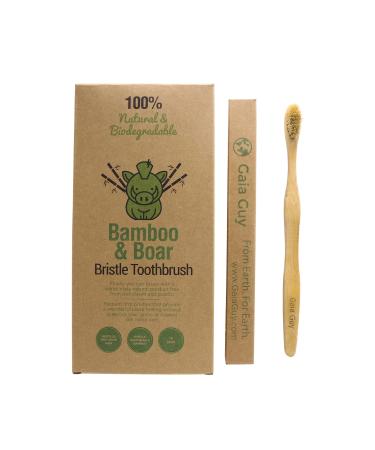 Gaia Guy Natural Bristle Bamboo Toothbrush with Boar Bristles - Totally Biodegradable and Compostable - No Nylon Toothbrushes - Zero Waste 12-Pack