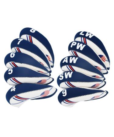 Golf Irons Club Head Covers Wedge Iron Protective Head Cover with Golf White & Blue US Flag Neoprene Blue,White 10 pcs