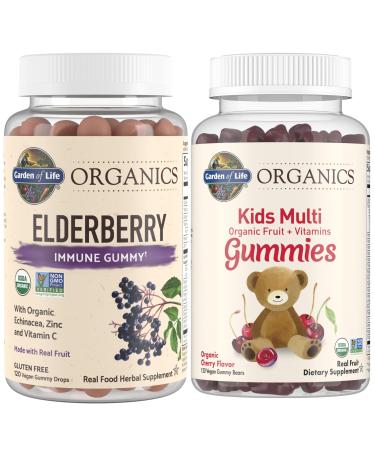 Garden of Life Organics Kids Immune Bundle Elderberry Immune Support Gummies (120 Count) + Certified Organic Kids Multivitamin Gummies Non-GMO Gluten Free Cherry (120 Count) Elderberry Gummies + Kids Gummy Vitamins