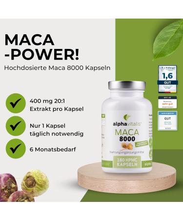 Buy Alphavitalis Maca 8000 Capsules - High-Dose Vegan 180 Capsules - 20:1 Maca Root Extract - Premium Quality German Production - Lab Tested 8000mg per Capsule - Buy Online on GoSupps.com