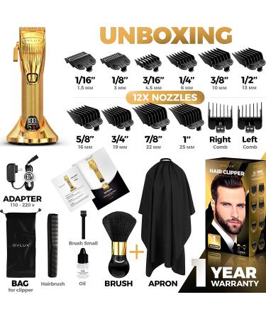 OVLUX Professional Hair Clippers for Men - Cordless Beard Grooming Kit with Clipper Guards | Full-Metal Body, Charging Base | Ideal for Barbers | Gifts for Men - Gold - Buy Online on GoSupps.com