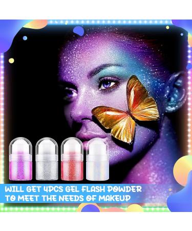 4 Pack Holographic Roll On Body Glitter Gel - Multi-Use Face Hair & Lip Shimmer - Color Changing Sparkle in Pink Purple Silver & White - Buy Online on GoSupps.com