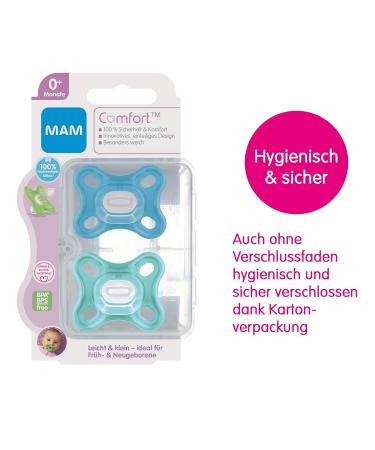 MAM Comfort Schnuller Set - Small & Light Silicone Pacifiers for Newborns | 0+ Months Blue/Turquoise - Includes Soft SkinSoft Design & Storage Box - Buy Online on GoSupps.com