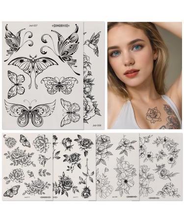 37 Sheets Black Flower & Butterfly Temporary Tattoos Waterproof Long-Lasting Body Art Stickers Fake Tattoos For Women Girls
