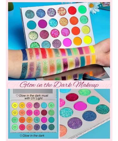Kalolary Glow in the Dark Neon Eyeshadow Palette - 24 Colors, UV Glow, Matte & Glitter, Highly Pigmented, with 4 Brushes - Buy Online on GoSupps.com
