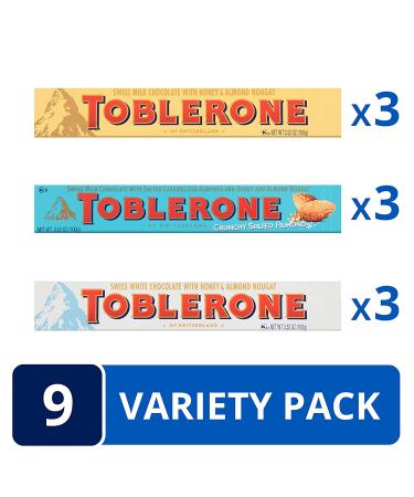Toblerone Swiss Chocolate Gift Set - Milk, White, and Salted Caramel Almond Variety Pack - 9 Bars, 3.52 oz Each - Buy Online on GoSupps.com
