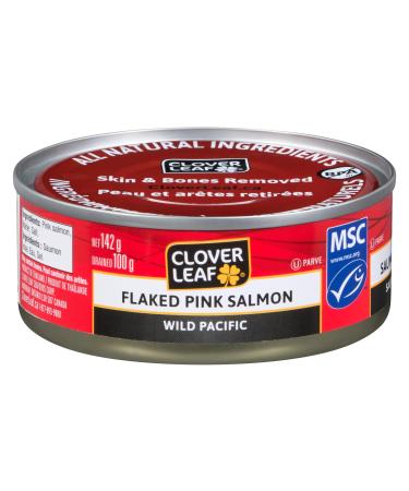 Clover Leaf Flaked Pink Salmon Wild Pacific - 142g 24 Count - Canned Salmon Skin & Bones Removed Very High In Protein - 12g of Protein Per 55g Serving Drained Source Of Omega-3 Vitamin D