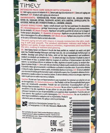 TiMELY Intensive face care serum with vitamin A 20 ml vitamin E sweet almond oil argan oil retinol anti aging eliminates redness helps to lighten sun spots - Buy Online on GoSupps.com