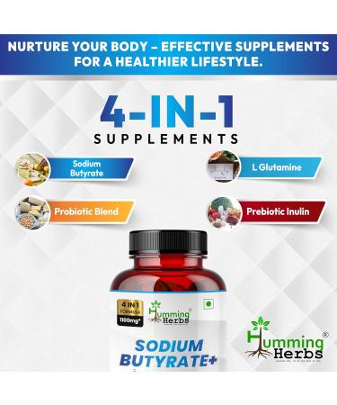 Humming Herbs Sodium Butyrate+ Capsules 4-in-1 Digestive Support with L-Glutamine + Prebiotic Inulin + Probiotic Blend (10 Billion CFU) 120 Vegetarian Capsules 120 Count (Pack of 1) - Buy Online on GoSupps.com