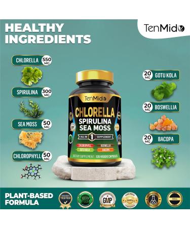 Tenmido Chlorella Supplement for Men and Women - 7in1 Formula with Spirulina Sea Moss Chlorophyll Gotu Kola Boswellia & Bacopa - Immune Support - Rich in Nutrient Vitamins - 120 Capsules - Buy Online on GoSupps.com