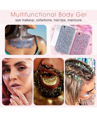 6 Bottle Glitter Face & Body Gel Set | Long-Lasting Sparkling Makeup for Festivals & Parties - White Pink Green Silver Gold Purple - Buy Online on GoSupps.com
