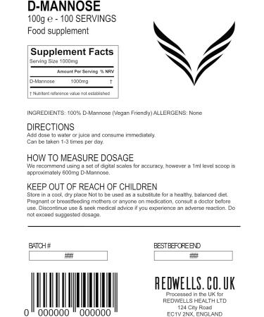 REDWELLS 100g Pure D-Mannose Powder - For Cystitis & UTIs | GMO Free & Vegan - Buy Online on GoSupps.com