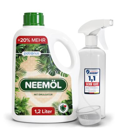 Patronus Natural neem oil with emulsifier 1200 ml incl spray bottle and measuring cup produces 120 l of readytospray neem oil neem oil for natural plant care for indoors and outdoors 1 piece 1er Pack