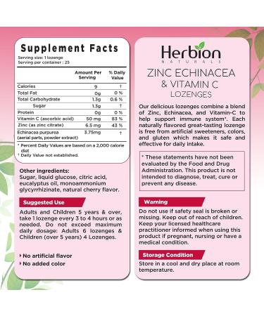 Herbion Naturals Zinc, Echinacea & Vitamin C Cherry Lozenges - 25 CT | Immune Support Dietary Supplement for Adults & Children 5+ | Promotes Overall Health - Buy Online on GoSupps.com