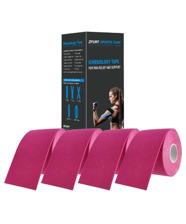 ZFURT Breathable Cotton Kinesiology Tape | Hypoallergenic  Latex Free  Elastic Sports Tape | Excellent Support for Body Pain Relief and Prevent Sport Injury | 4 Uncut 16ft Rolls (Rose Red)
