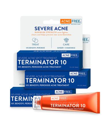 Acne Free Terminator 10 Acne Spot Treatment With Benzoyl Peroxide 10% Maximum Strength Acne Cream Treatment 1 Fl Oz Pack of 3 White
