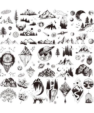 Tazimi 35 Sheets Black Mountain Temporary Tattoos For Men Women  Waterproof Forest Sun Star Moon Space Tattoos for Adult Women Face Body Art