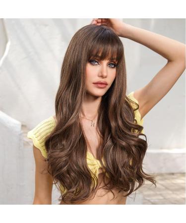 EMMOR Ombre Brown Highlight Wavy Wig for Women - Long Curly Synthetic Wig with Bangs, Heat Resistant Fiber - Natural Daily Use (56Brown Ombre) - Buy Online on GoSupps.com