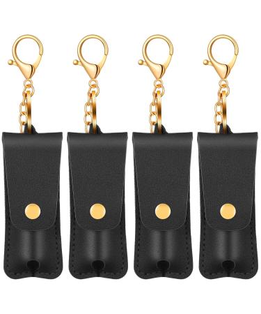 Oudain 4 Pcs Lipstick Holder Keychain  Women Soft Leather Clip on Lipstick Sleeves Pouch Lip Balm Holder Travel Accessories Assorted Color (Black)