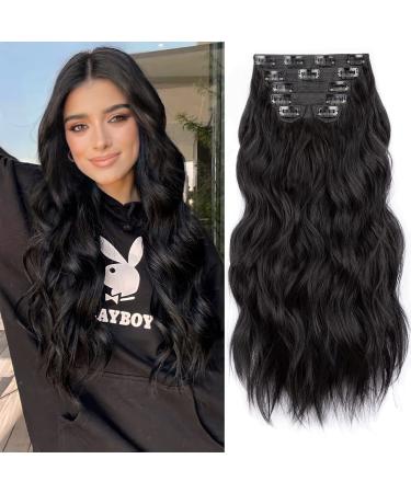 Flvaco Clip In NaTural Black Hair Extensions 20 Inch 6PCS Synthetic Long Thick Wavy Hair Clip Ins Extensions Double Weft Hairpieces Full Head For Women Extension(230G Black) 20 Inch (Pcs of 6) Black