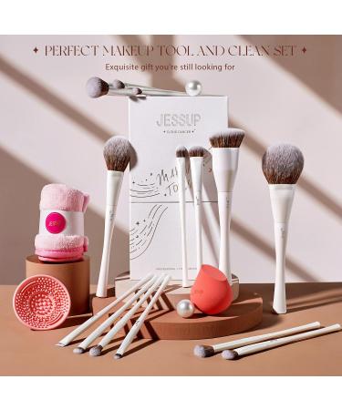 Jessup 14pcs Highend Makeup Brushes Set - Foundation Concealer Blush Contour Powder Eye Brush Makeup Sponge Cleaner Towel | Pearl White T333 - Buy Online on GoSupps.com