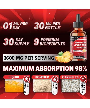 Tenmido Glucosamine Chondroitin MSM Liquid Drops - 9in1 with Vitamin D3 Vitamin K2 Hyaluronic Acid Quercetin Boswellia and Bromelain - Vegan Non-GMO - 30ml 1 Fl Oz - Buy Online on GoSupps.com